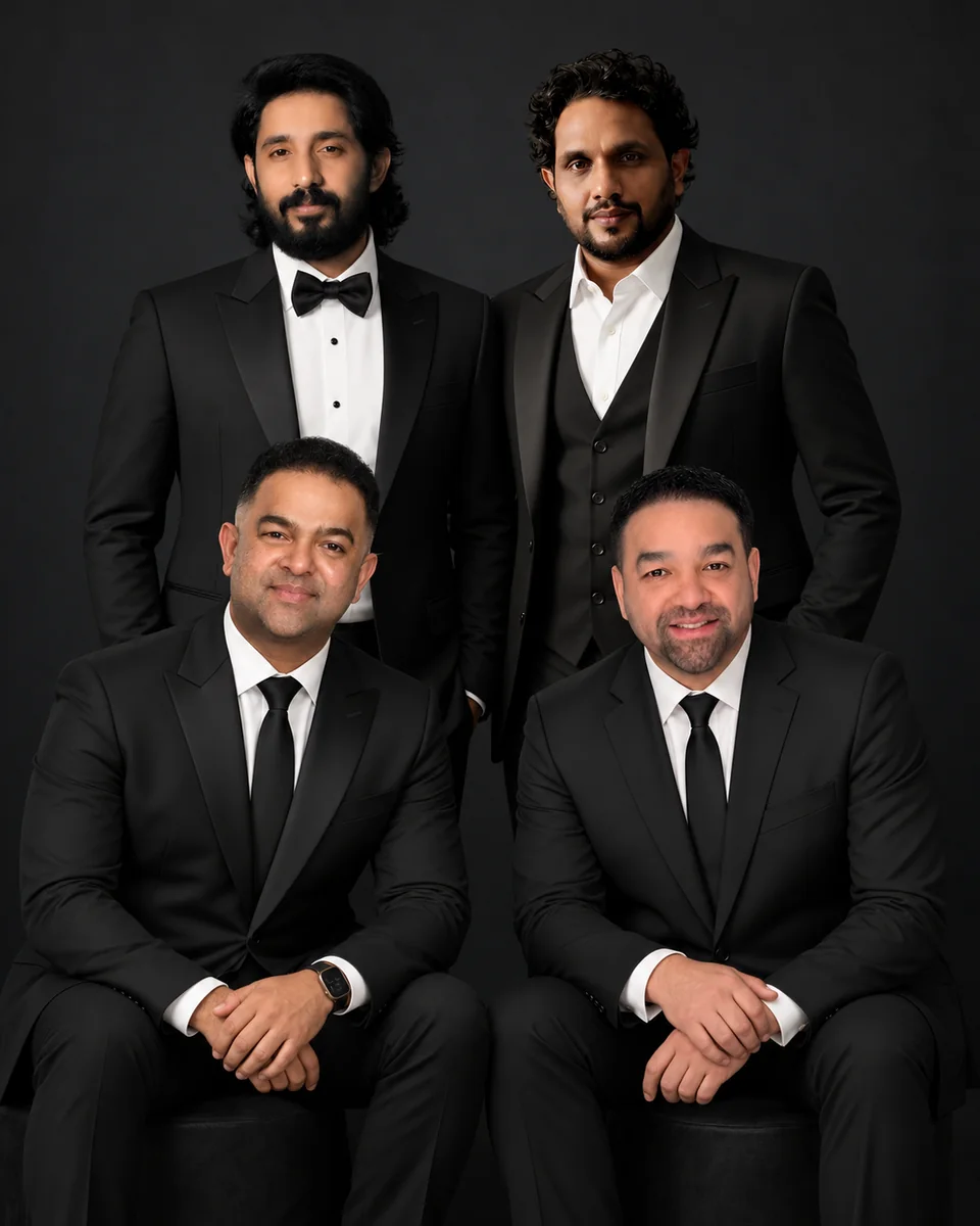 The four members of 4 Musics, two seated in front and two standing behind